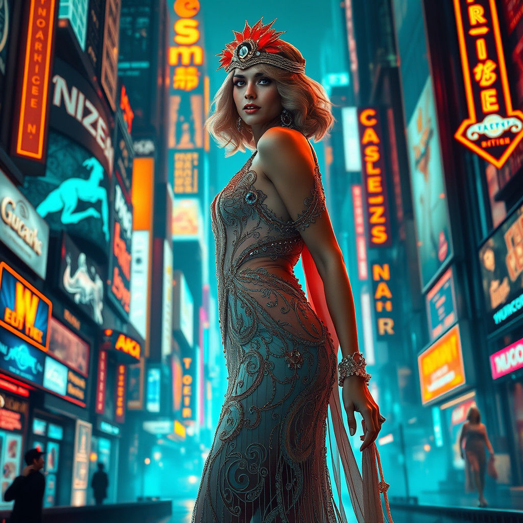 Flapper in Art Deco Gown in Futuristic Cityscape