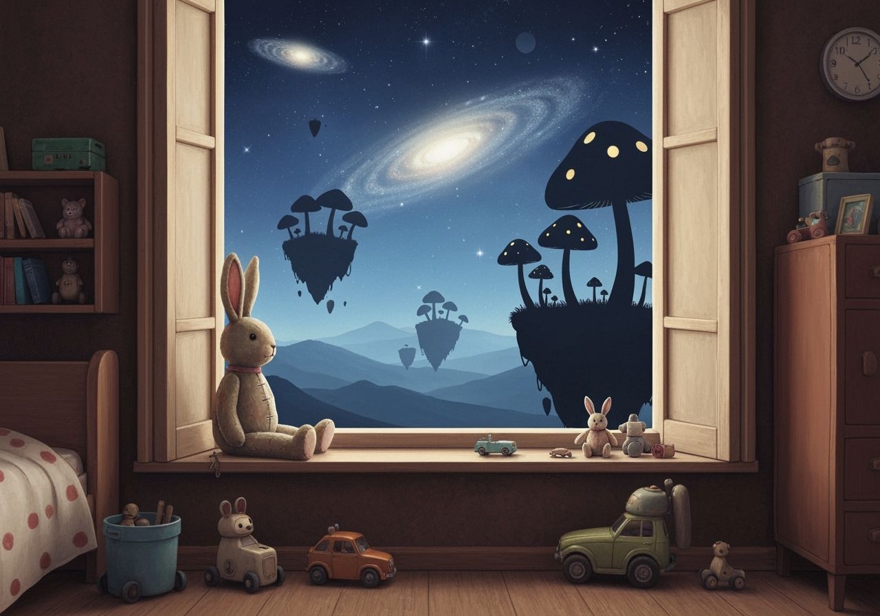 Nostalgic Bedroom with Toys in Surreal Space Landscape