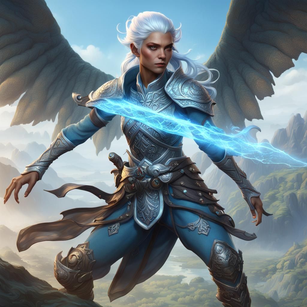 Air Genasi Woman with Silver Hair Fantasy Art
