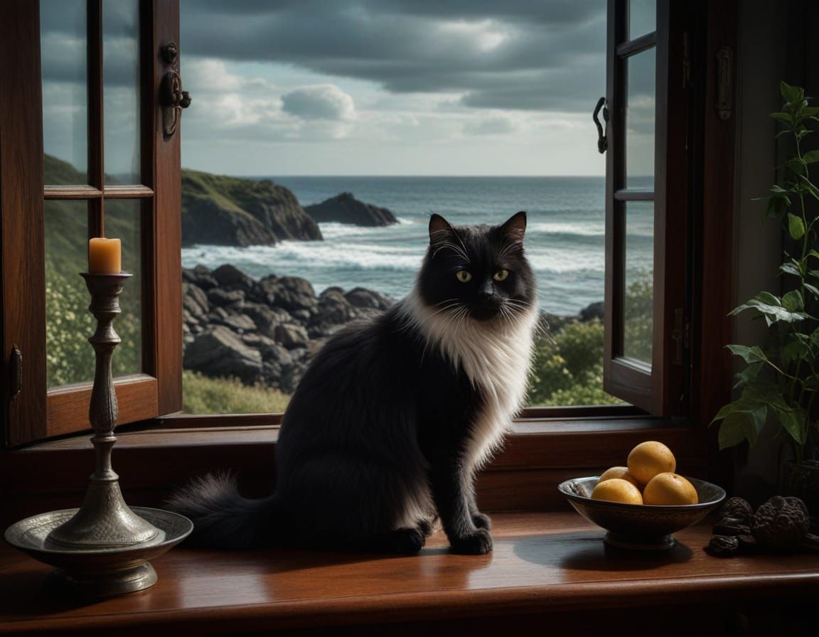 Whimsical Persian Cat in Folk Art Oceanscape