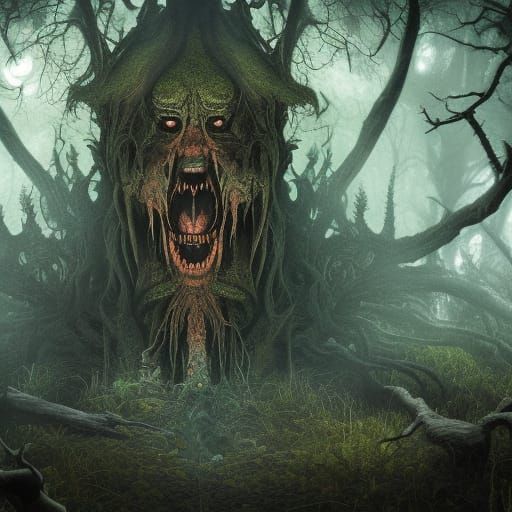 Terrifying Banshee in Dark Forest: Polychromatic Fantasy Art