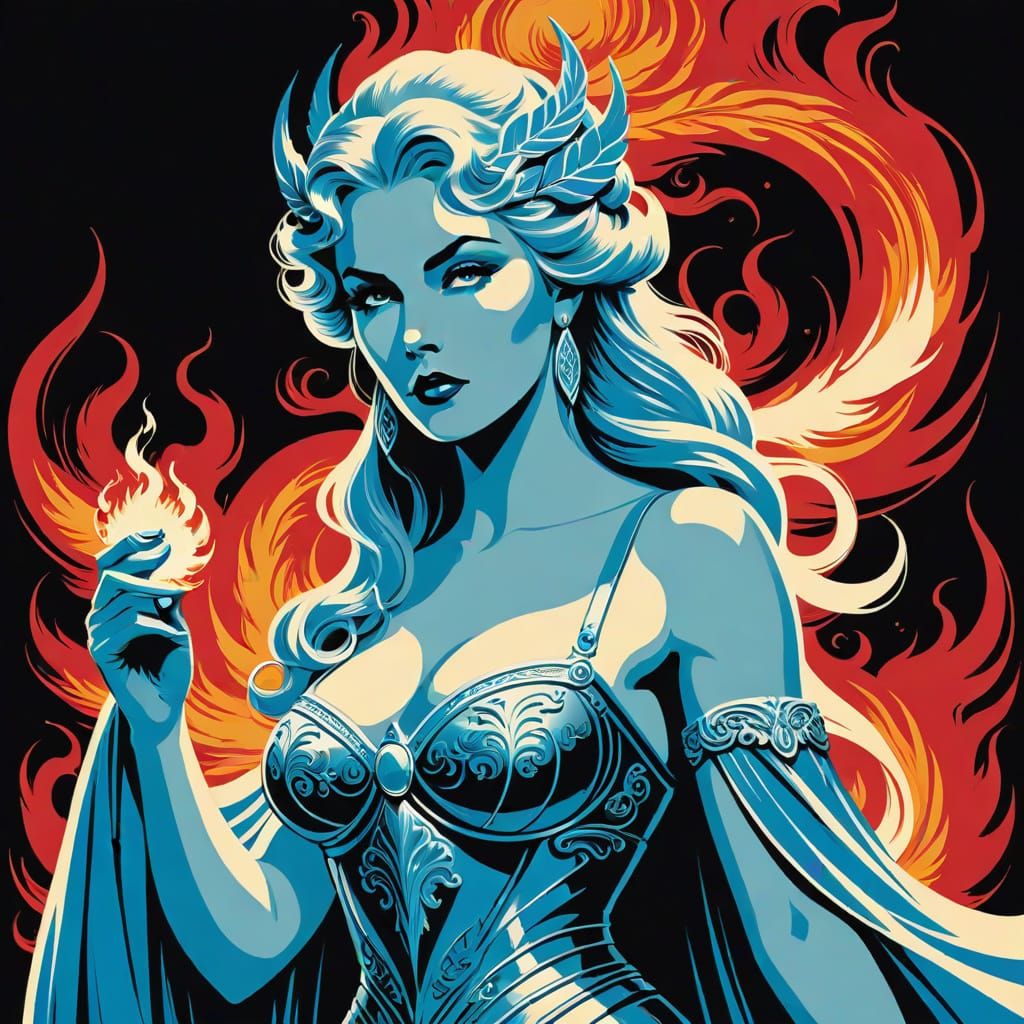 Goddess of Ice and Fire in Vintage Serigraphy Style