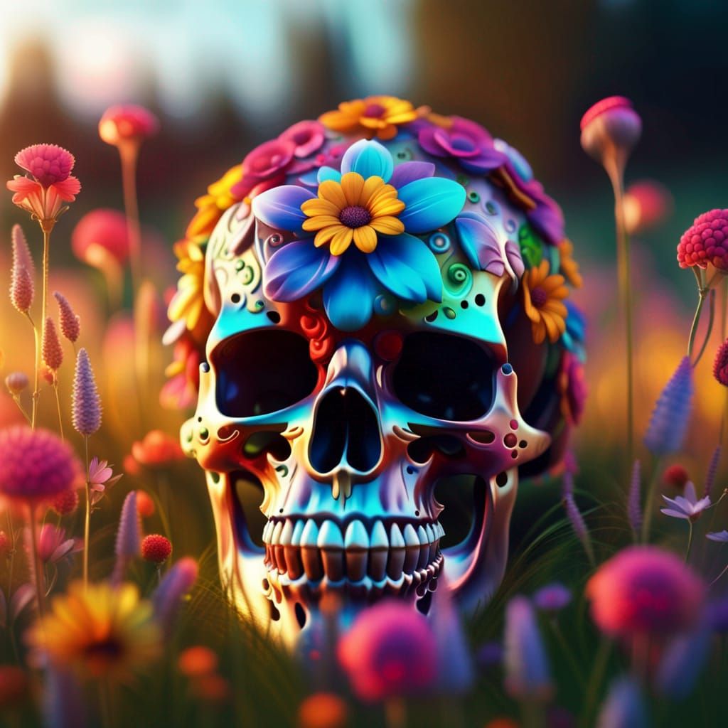 Colorful Skull-Flowers in Golden Meadow: Unreal Engine