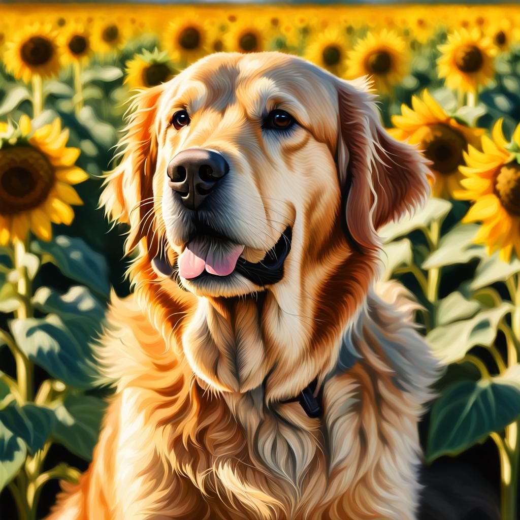 Golden Retriever Portrait in Sunflower Field
