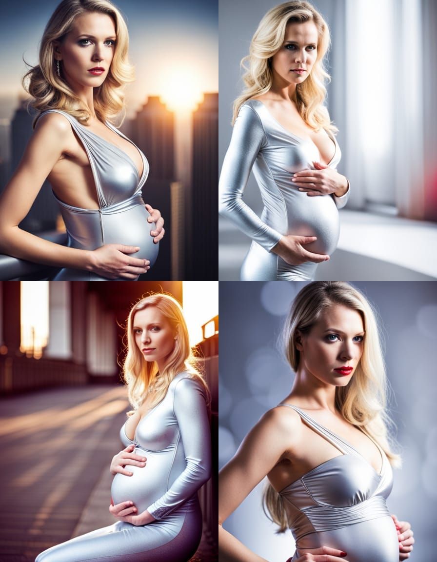 Pregnant Blonde Portrait in Silver Catsuit, Bokeh