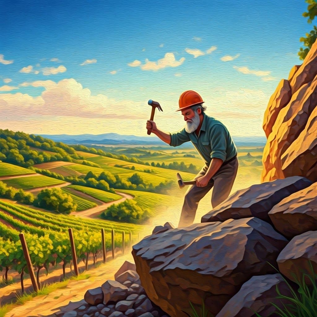 Geologist at Work in Vineyard: Impressionist Landscape