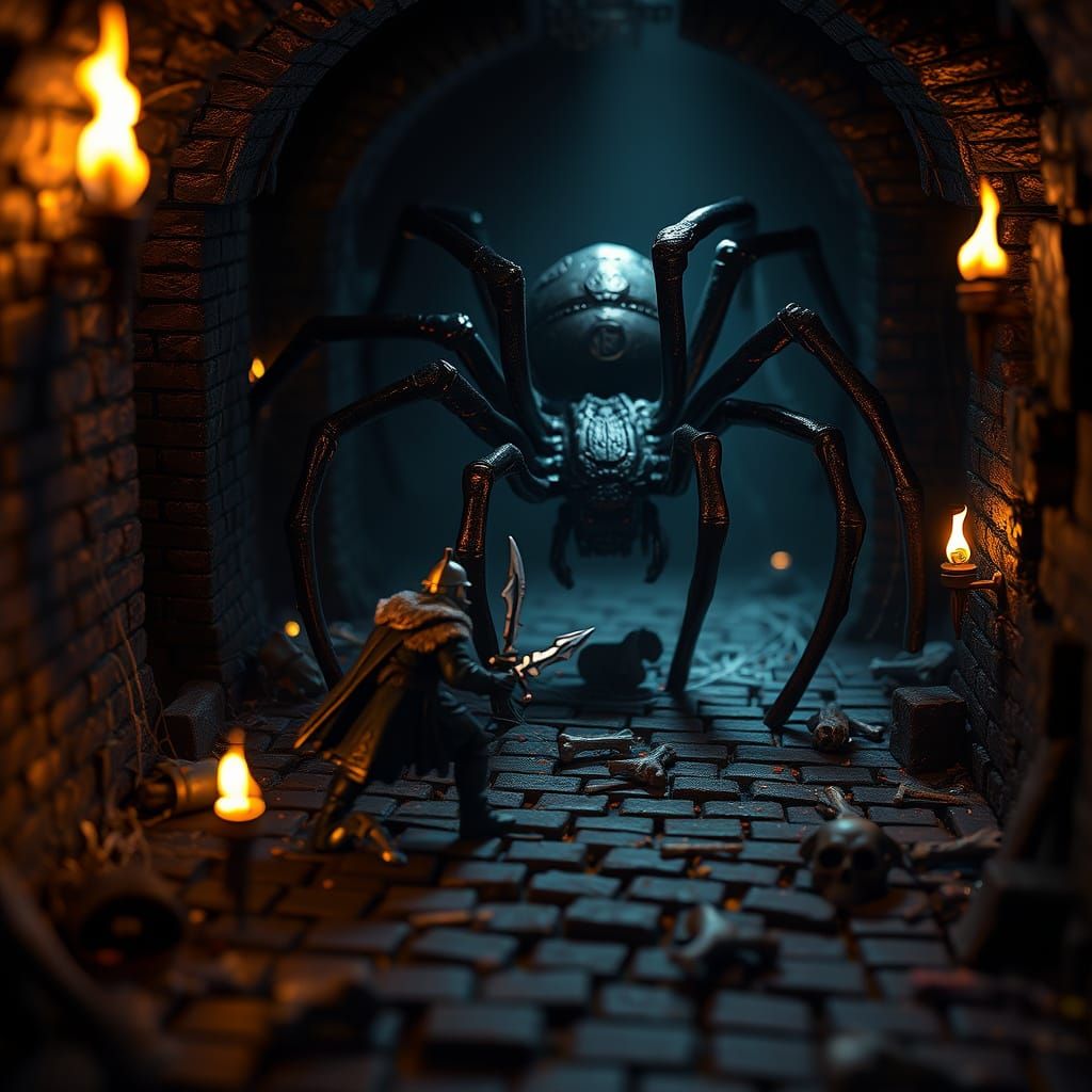 Dark Fantasy Viking Battles Giant Spider in Dungeon