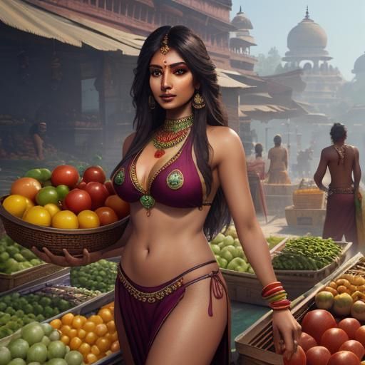 Indian Girl in Bikini Selling Vegetables: Fantasy Art