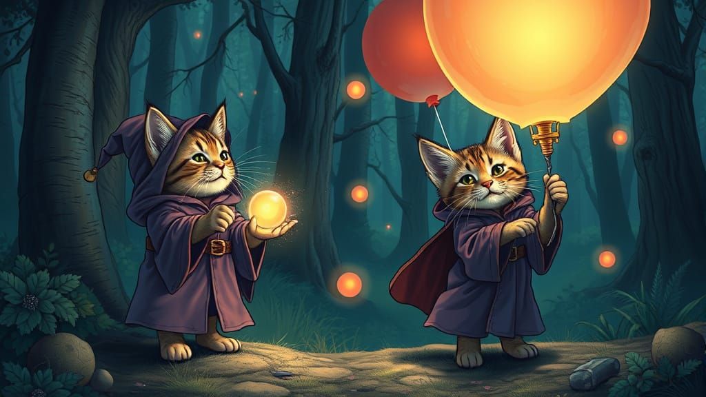 Wizard Kittens Conjure Glowing Orbs in Mystical Forest