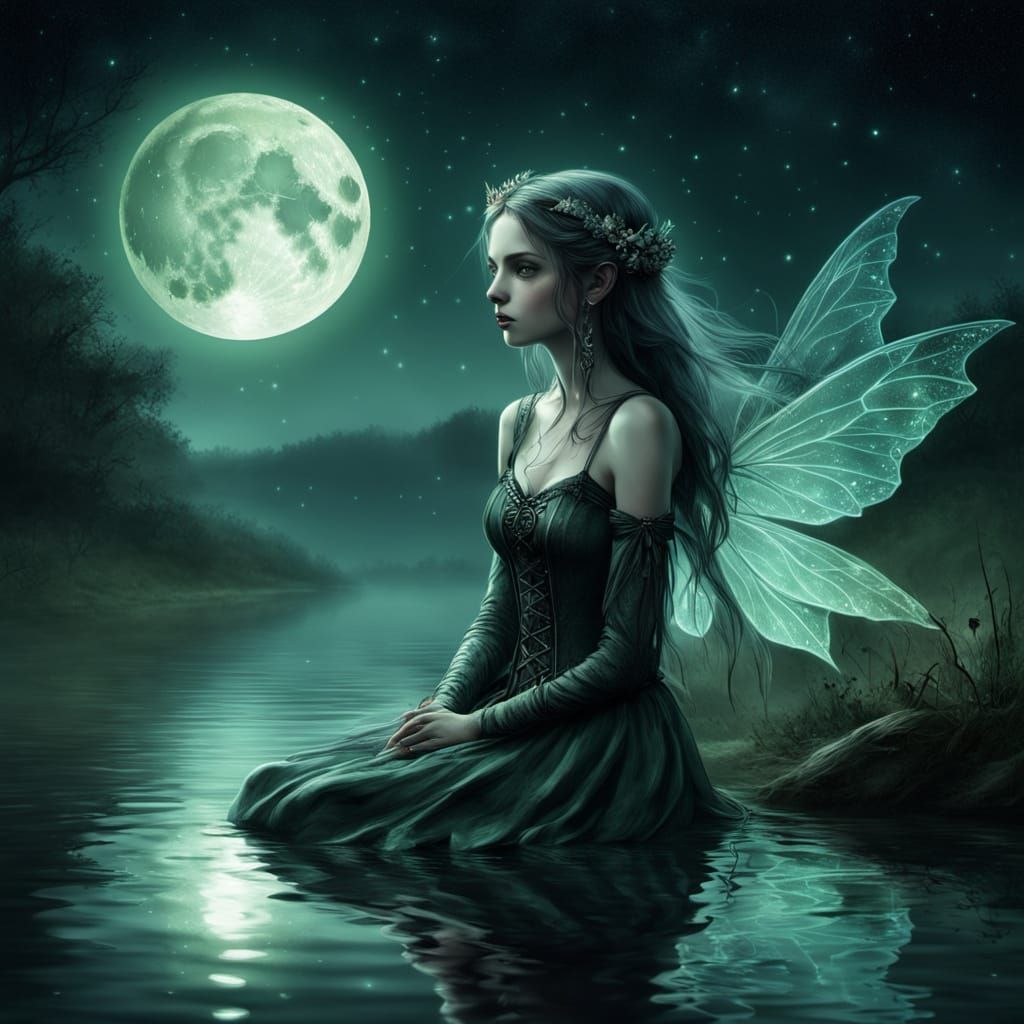 Whimsical Gothic Fairy in Dreamy Moonlit Atmosphere