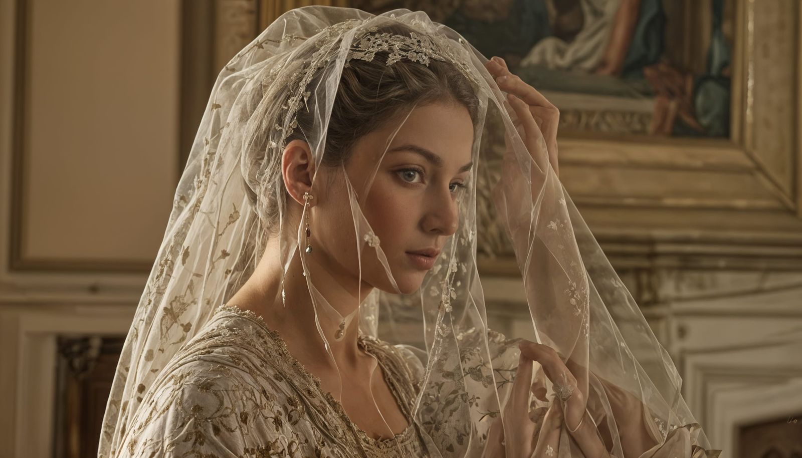 Mysterious Woman in 19th Century Style with Oil Painting Tec...