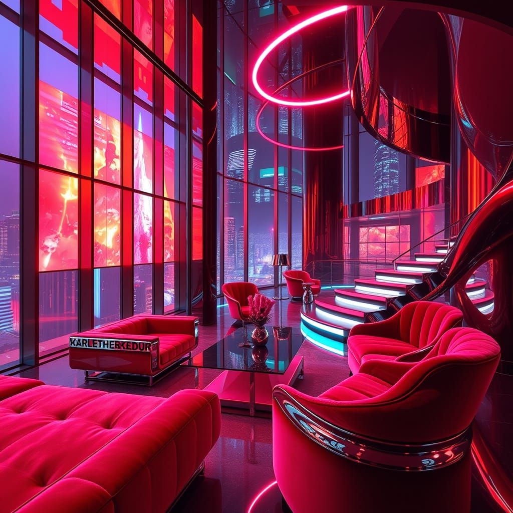 Luxury Futuristic Apartment Interior in Neon Chrome Style