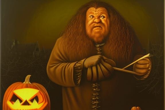 Hagrid Carves Pumpkin in Surreal Moonlight