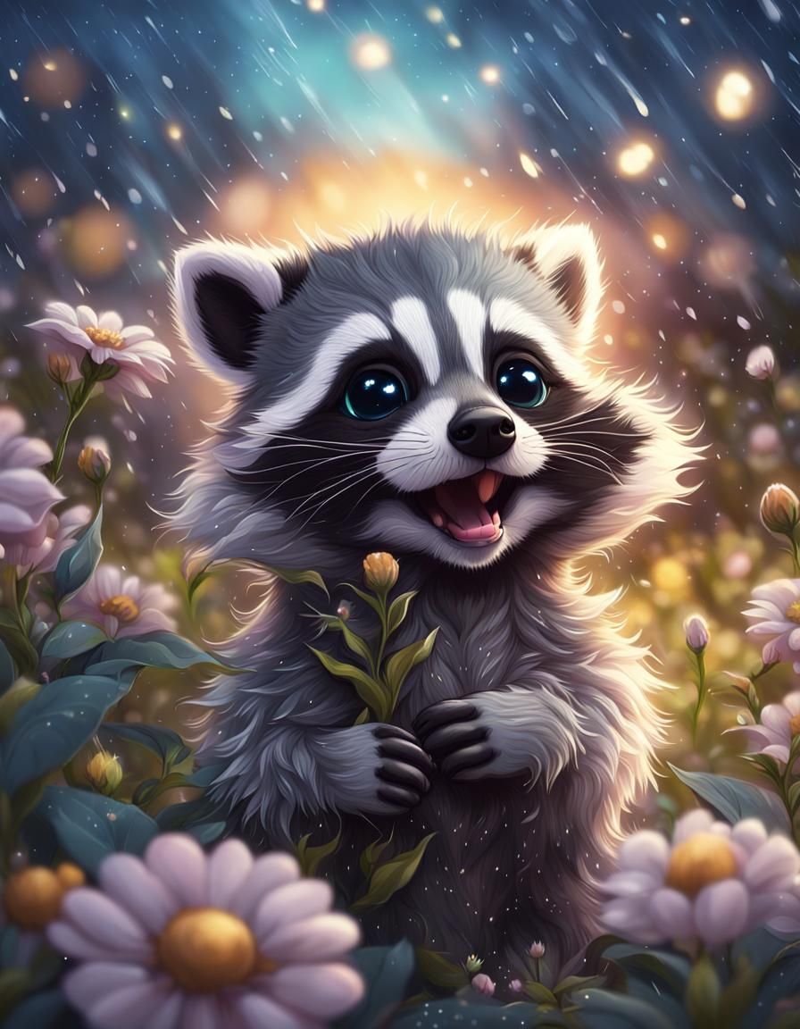 Cute Baby Raccoon in Flower Rain