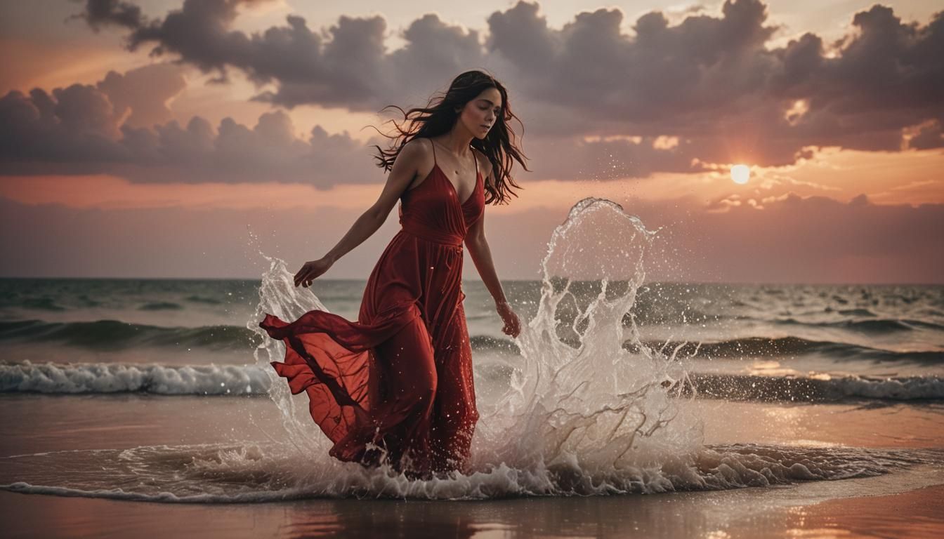 Woman in Red Dress at Sunset: Cinematic Film Still
