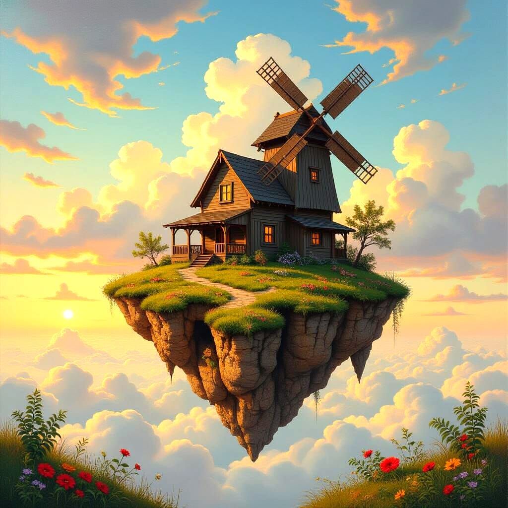 Impasto Painting of Floating Island in Golden Hour