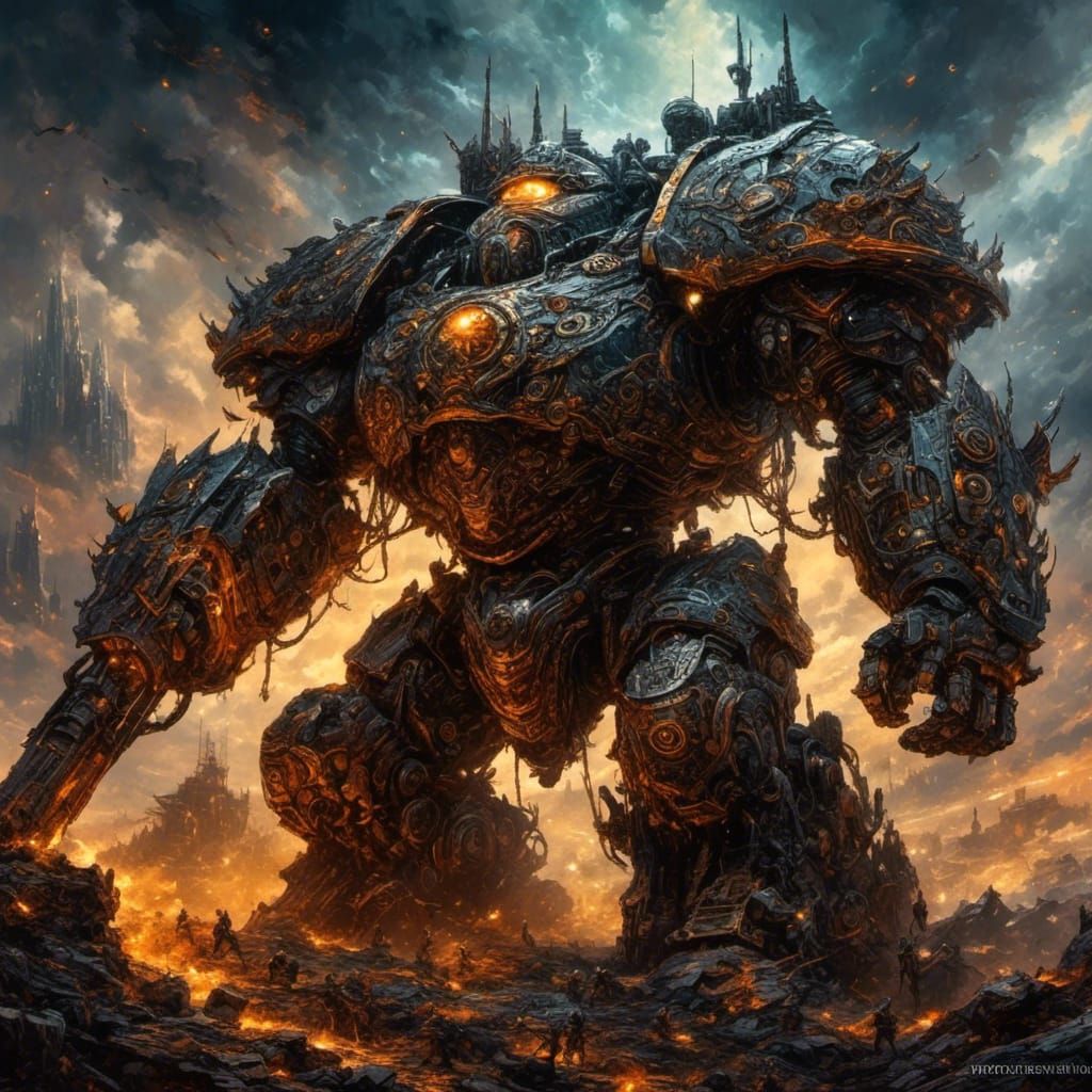 Victorious Dwarven Battlemech on Apocalyptic Battlefield