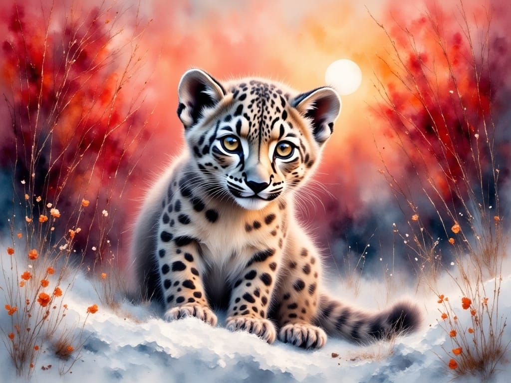 Vibrant Snow Leopard Cub in a Misty Watercolor Landscape