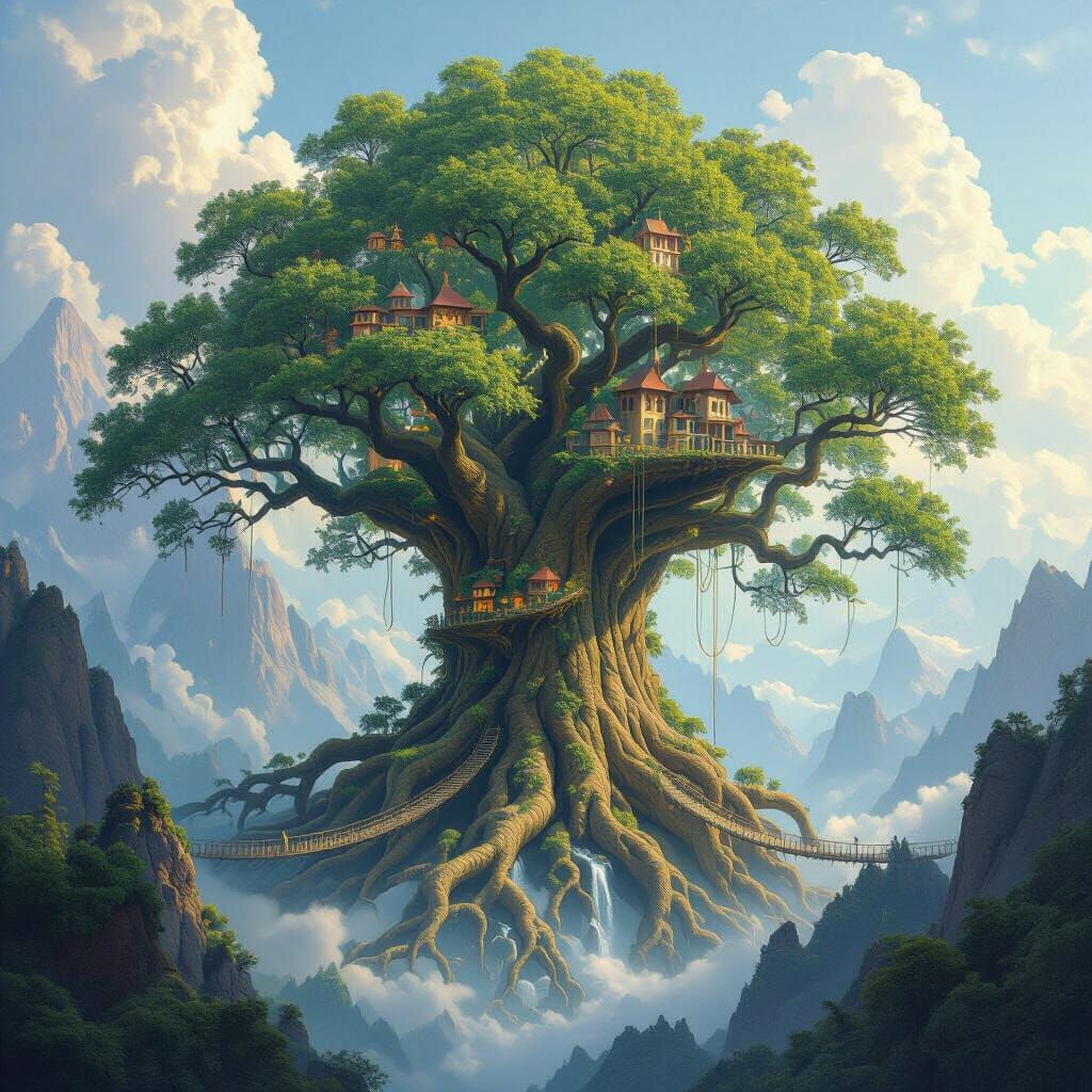 Colossal Ancient Tree With Roots Around Mountains