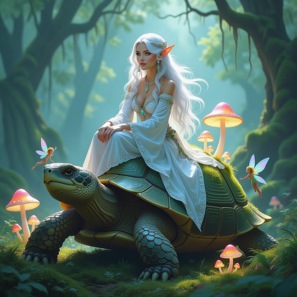 Enchanted Forest: Elf Woman on Giant Tortoise