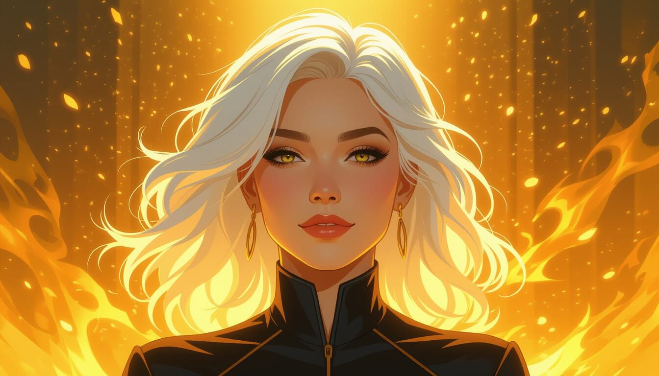 Radiant White-Haired Woman Surrounded by Golden Light