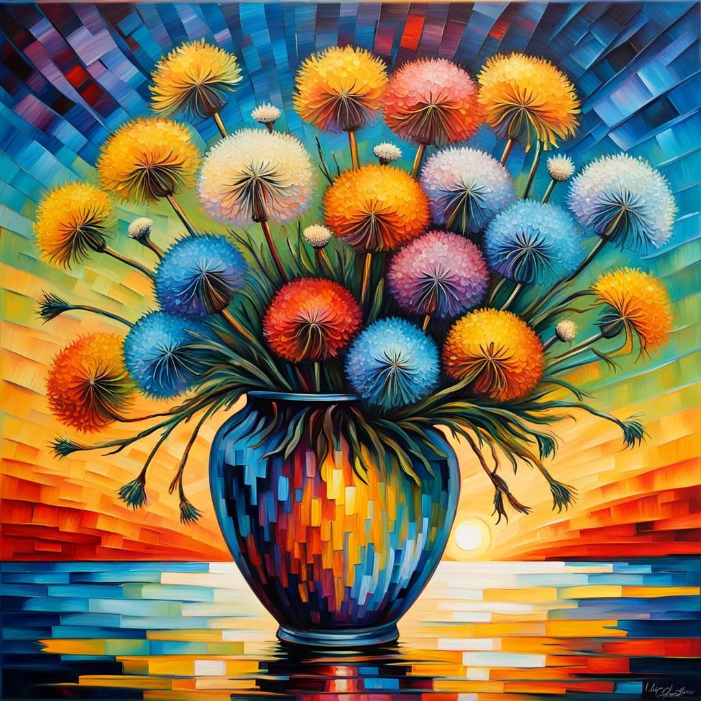 Iridescent Dandelion Crystal Vase: Expressionist Oil Paintin...