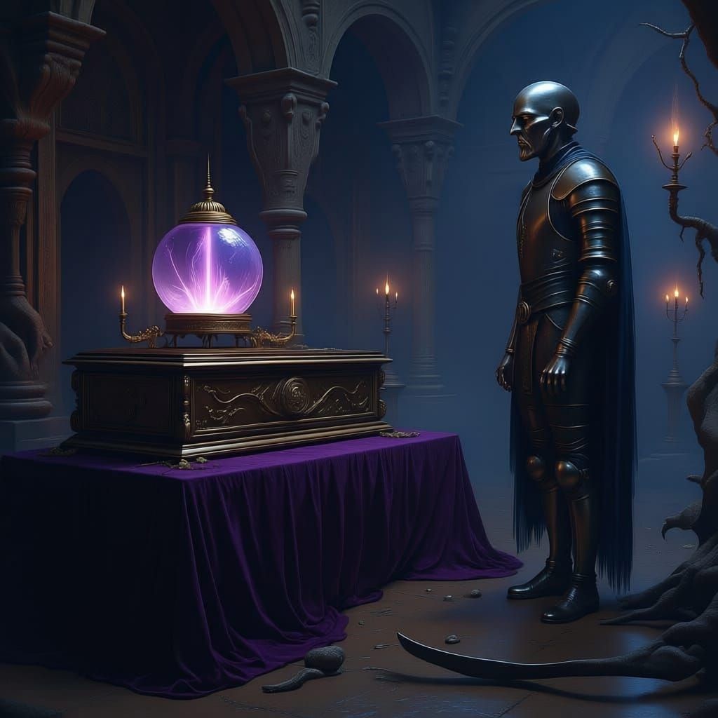 Ghostly Knight Guards Casket with Glowing Crystal Ball