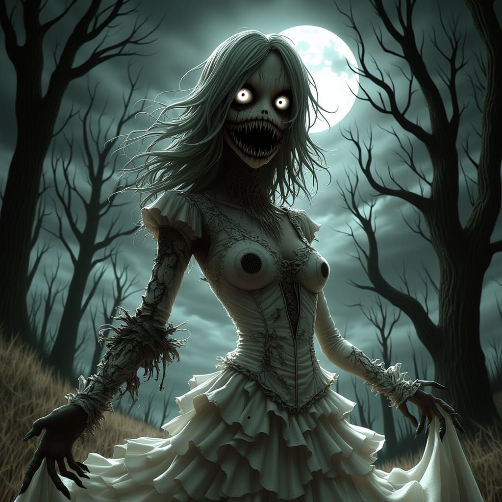Elegant Zombie Woman in Gothic Horror Art Style