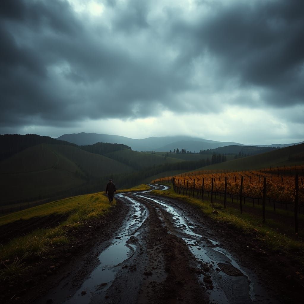 Epic Italian Vineyard in Rain, Cinematic Still