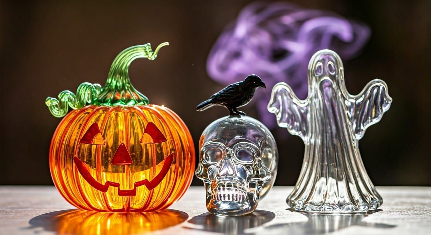 Enameled Glass Halloween Figurines in Purple Vapor