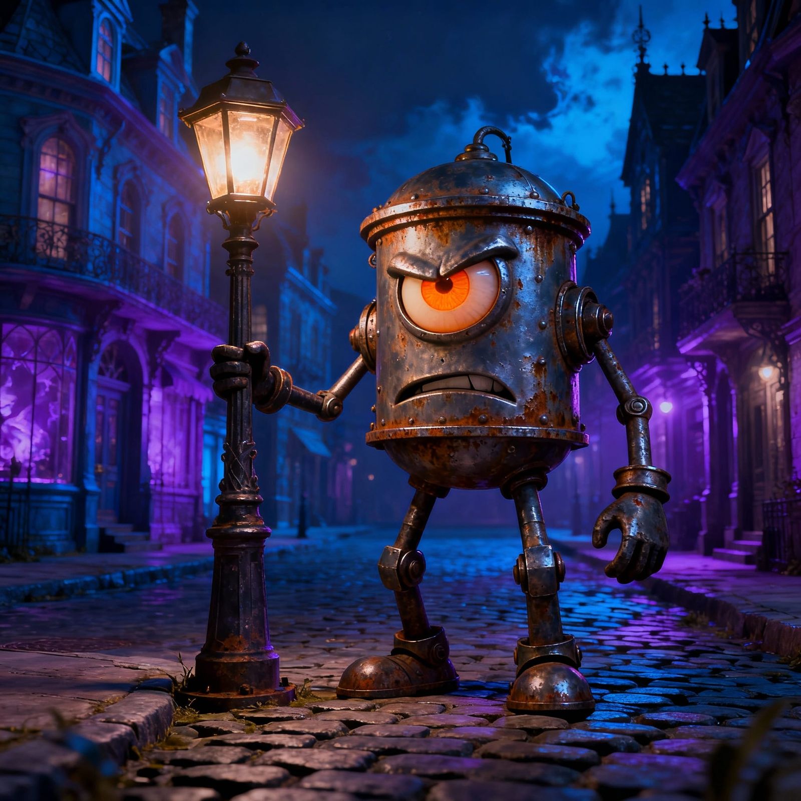 Grumpy Streetlight Character in Fantastical Night Scene