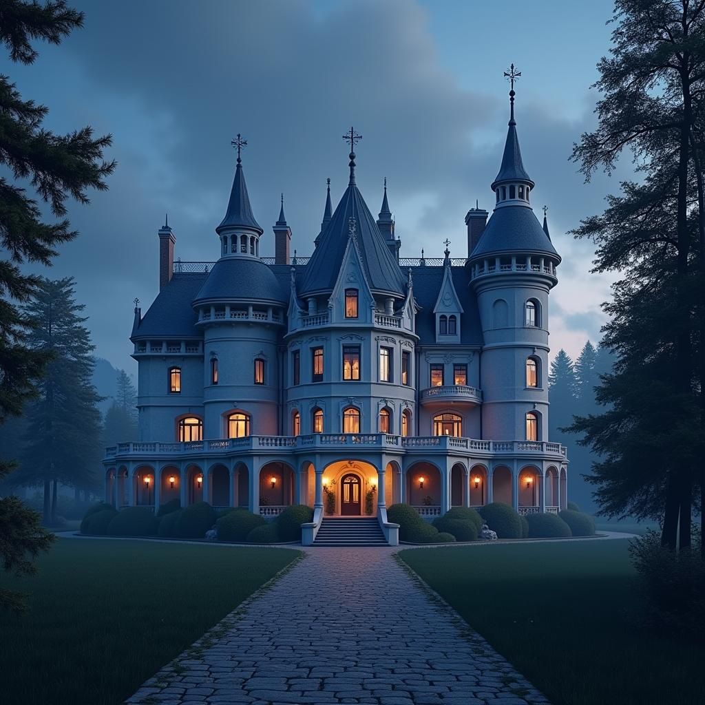 Mystical White House in Misty Mountains: Digital Art