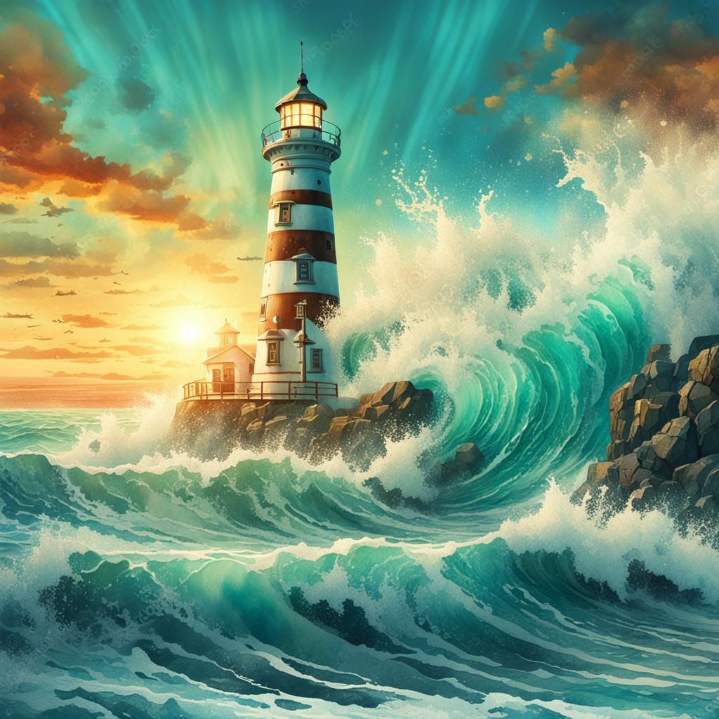 Lighthouse engulfed by turquoise waves