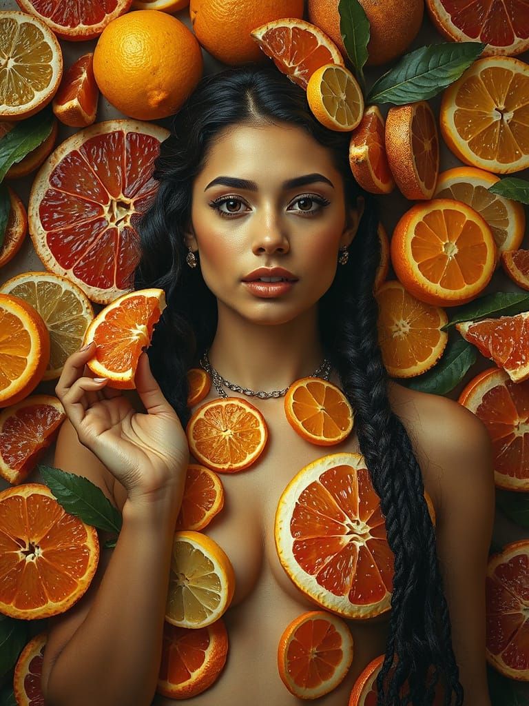 Stunning South American Goddess Amidst Citrus Slices