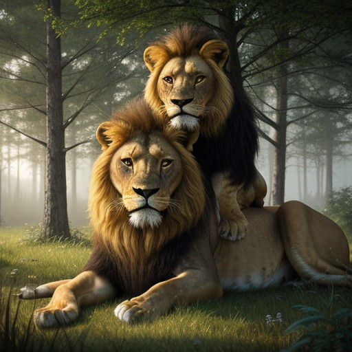 Anime Style Lioness and Lion Embracing in a Lush Forest