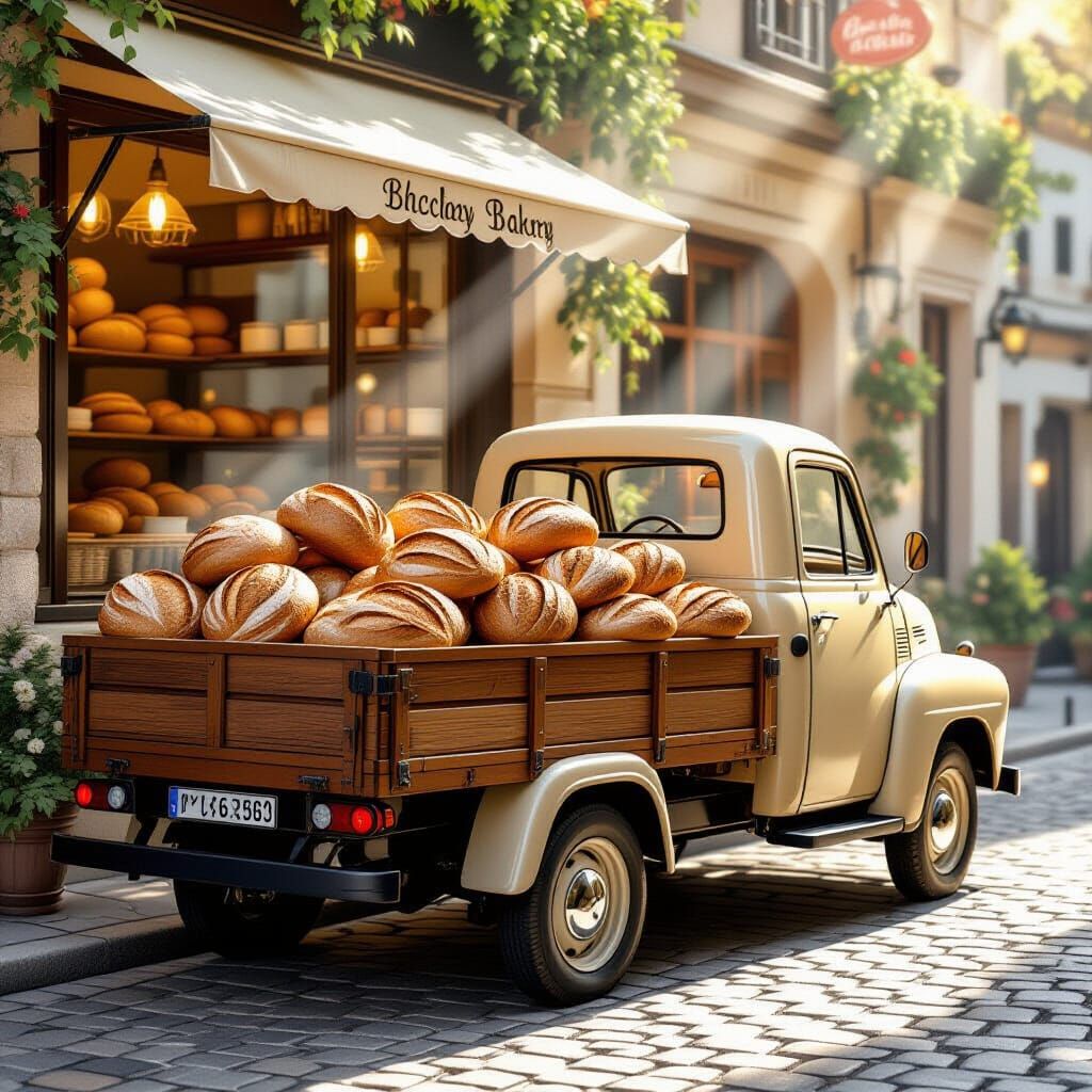 Vintage Bakery Truck on Cobblestone Street with Warm Sunligh...