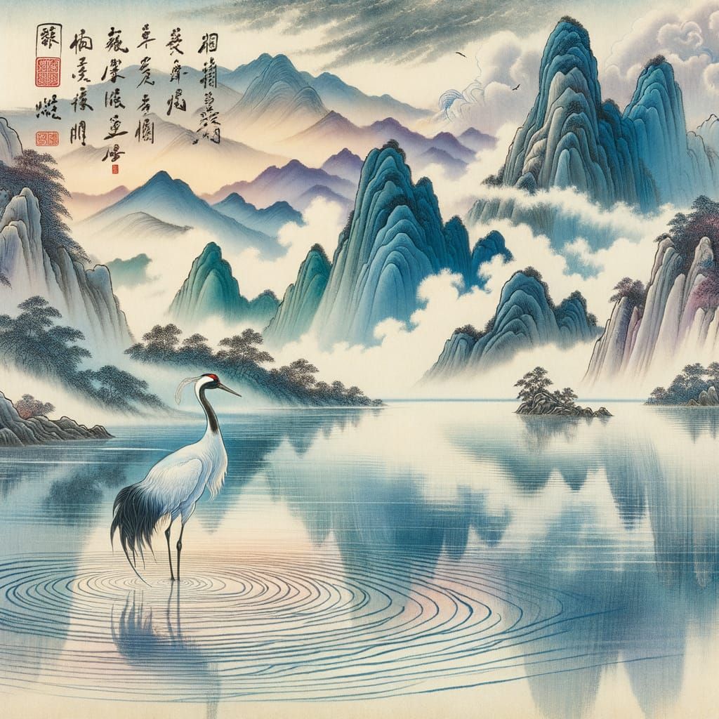 Majestic Crane in Tranquil Chinese Landscape Painting