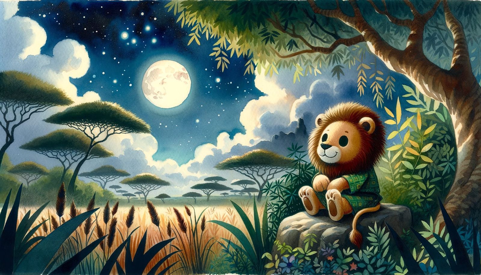 Chibi Lion Asleep Under Moonlight, Ghibli-Style