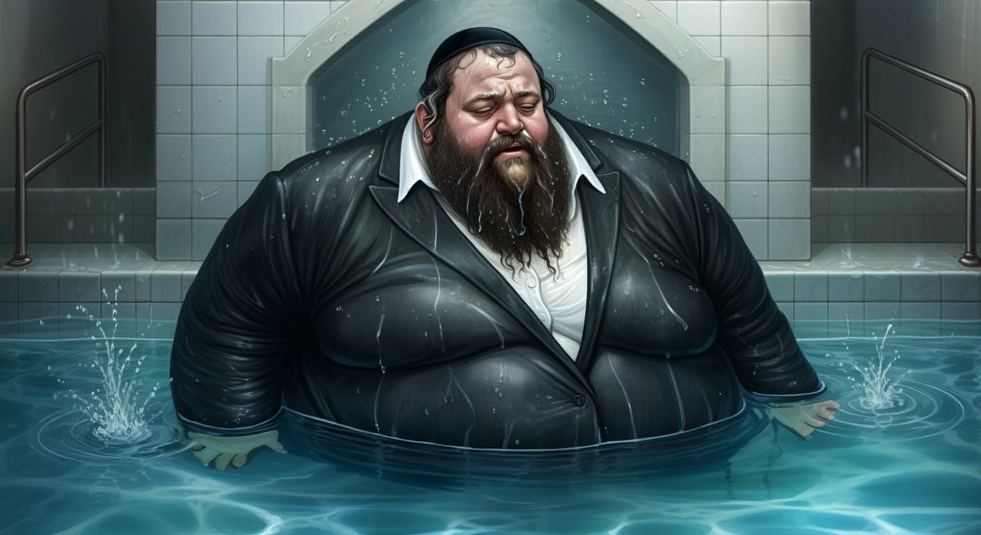 Surreal Comic-Style Illustration of a Burly Hasidic Man in a...