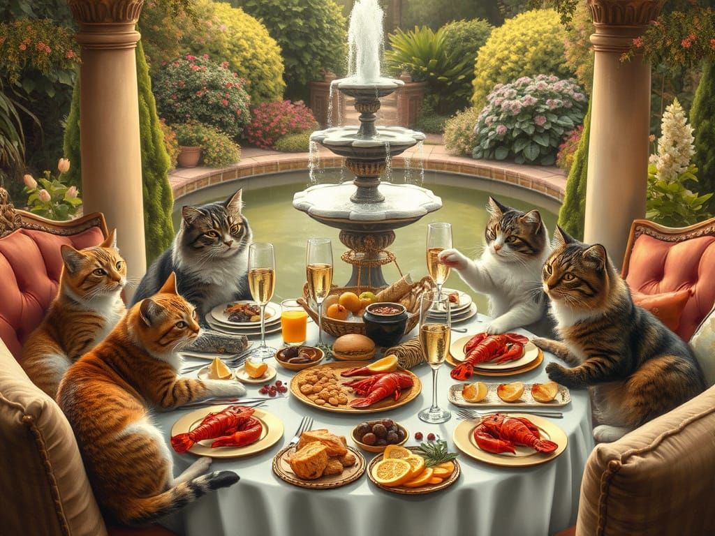 Cats Enjoying a Lavish Garden Feast