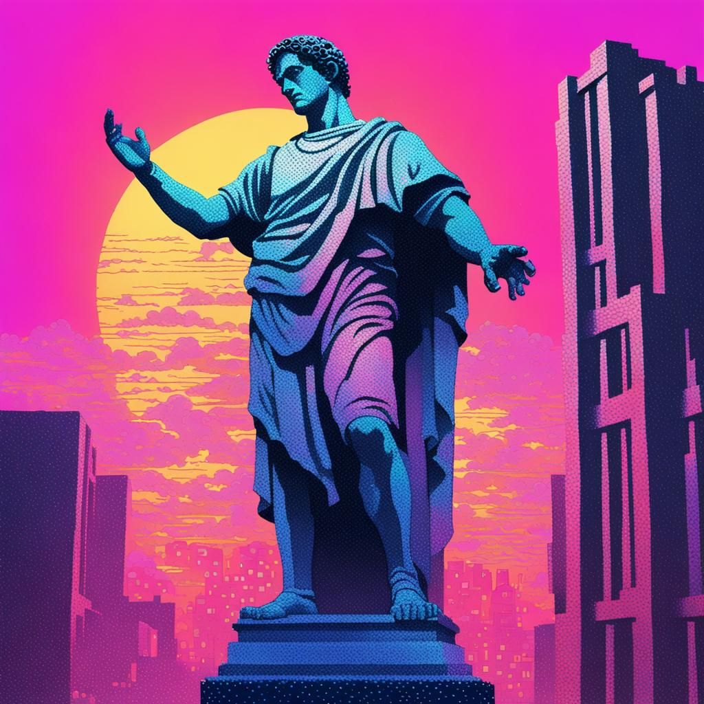 Vaporwave Cityscape: Pointillist Roman Statue