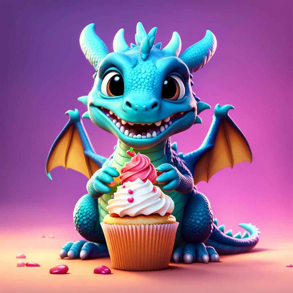 Baby Dragon Eats Cupcake: Pixar-Style 3D Art