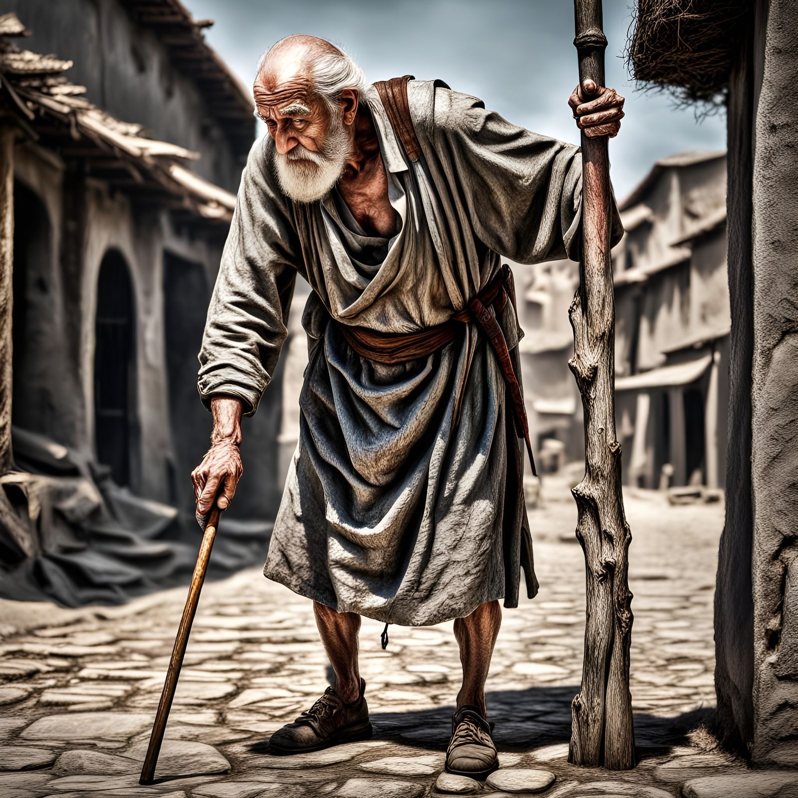 Photorealistic Old Man with Stick in High Resolution