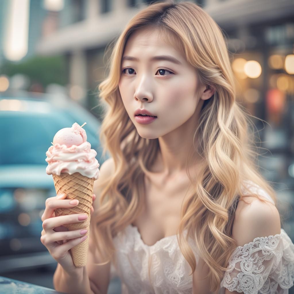 Pretty Korean Woman Eating Ice Cream in City