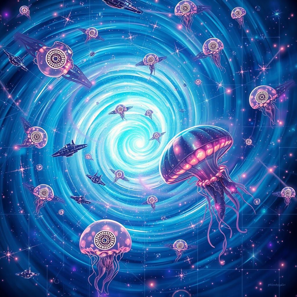 Ethereal Vortex of Space Lights and Magic Jellyfish in Greek...