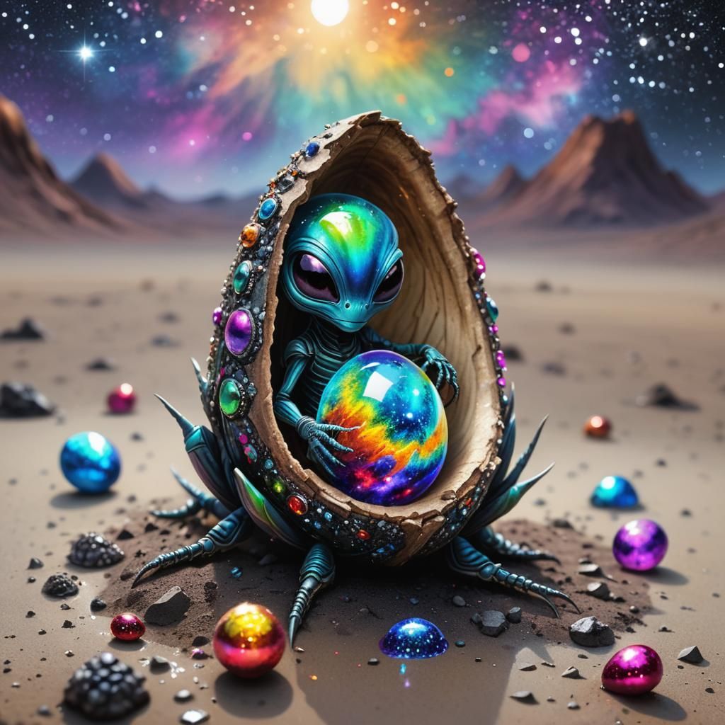 Newborn Alien Hatchling in Cosmic Landscape, Watercolor Styl...