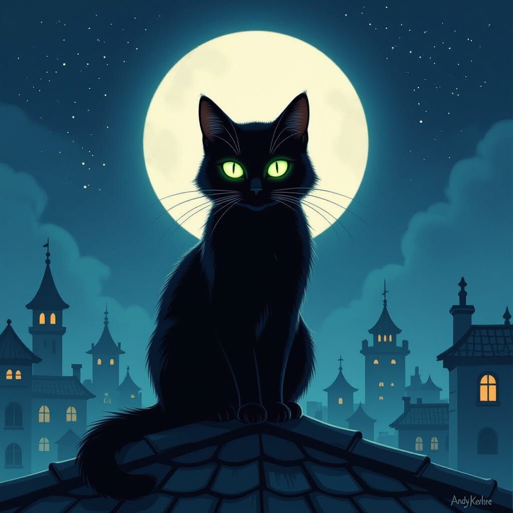 Black Cat on Rooftop in Moonlight Dark Fantasy Style
