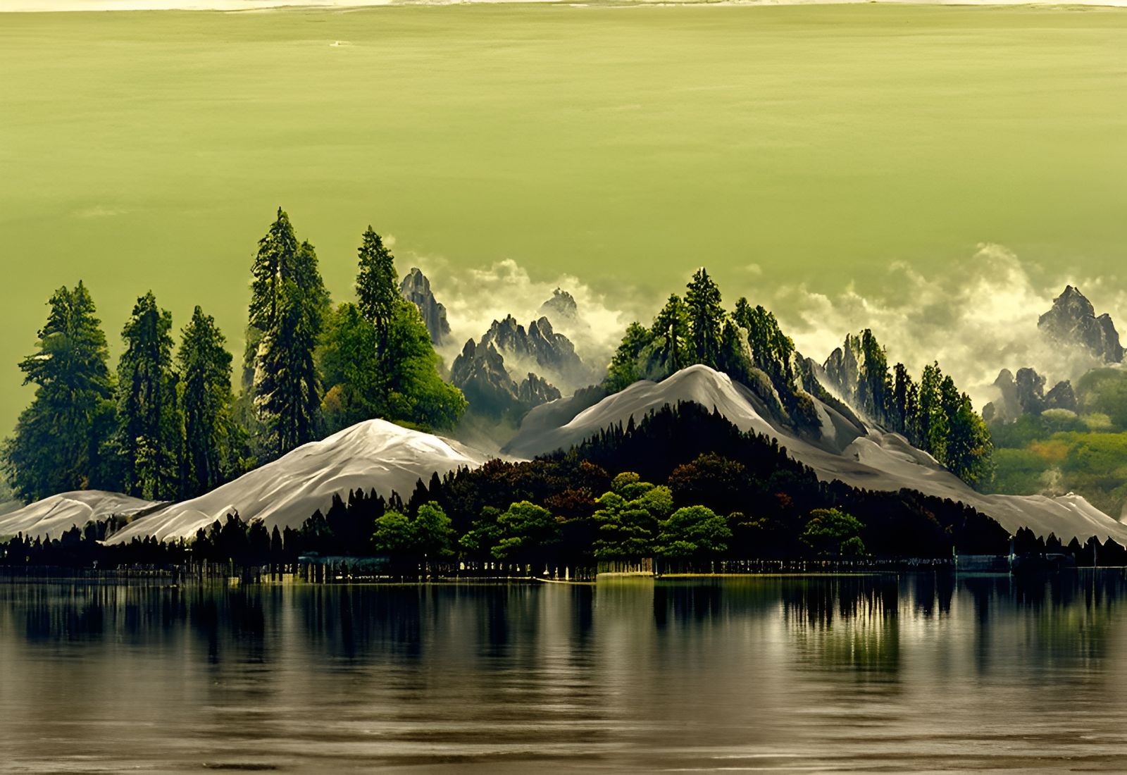 Majestic Snow Mountains Reflect Under Ominous Green Sky
