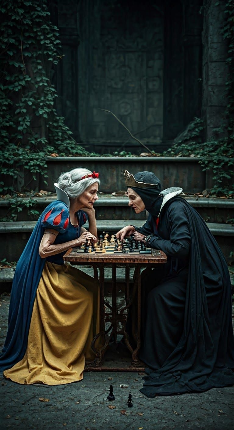 Aged Snow White and Queen Play Chess