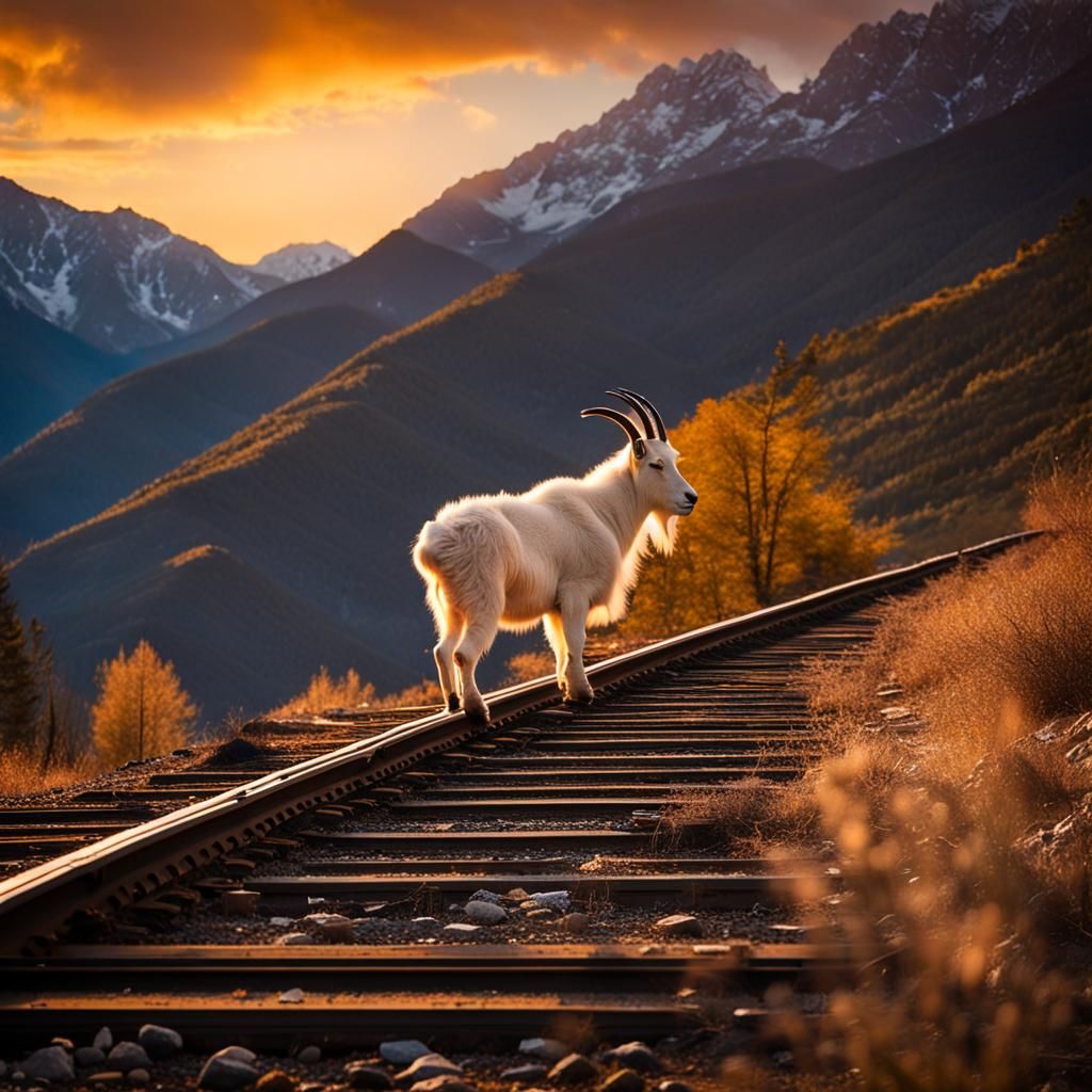 Mountain Goat Watches Train at Sunset Panorama